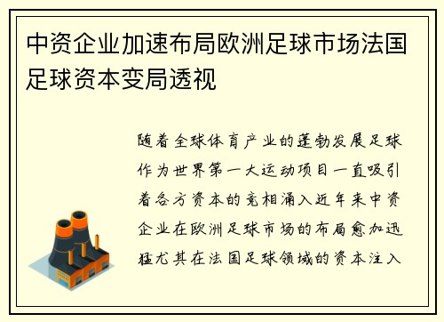 中资企业加速布局欧洲足球市场法国足球资本变局透视
