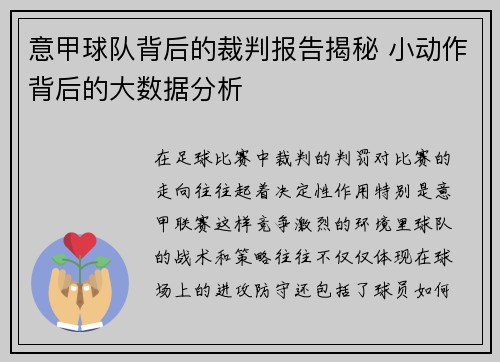 意甲球队背后的裁判报告揭秘 小动作背后的大数据分析