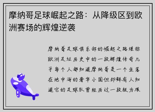 摩纳哥足球崛起之路：从降级区到欧洲赛场的辉煌逆袭
